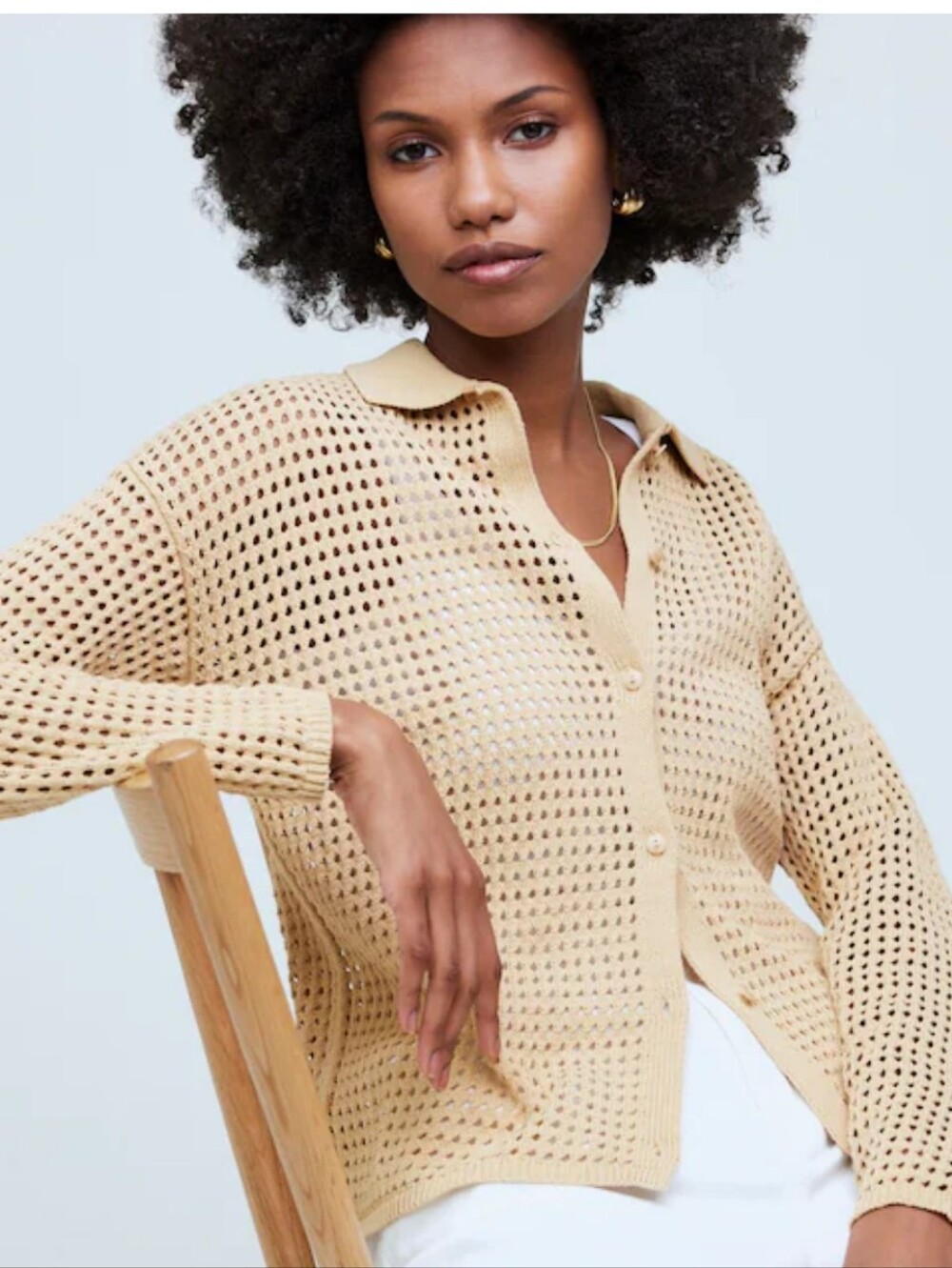 Madewell Tan Open-Stitch Polo Cardigan Sweater Cotton Medium sunset beach